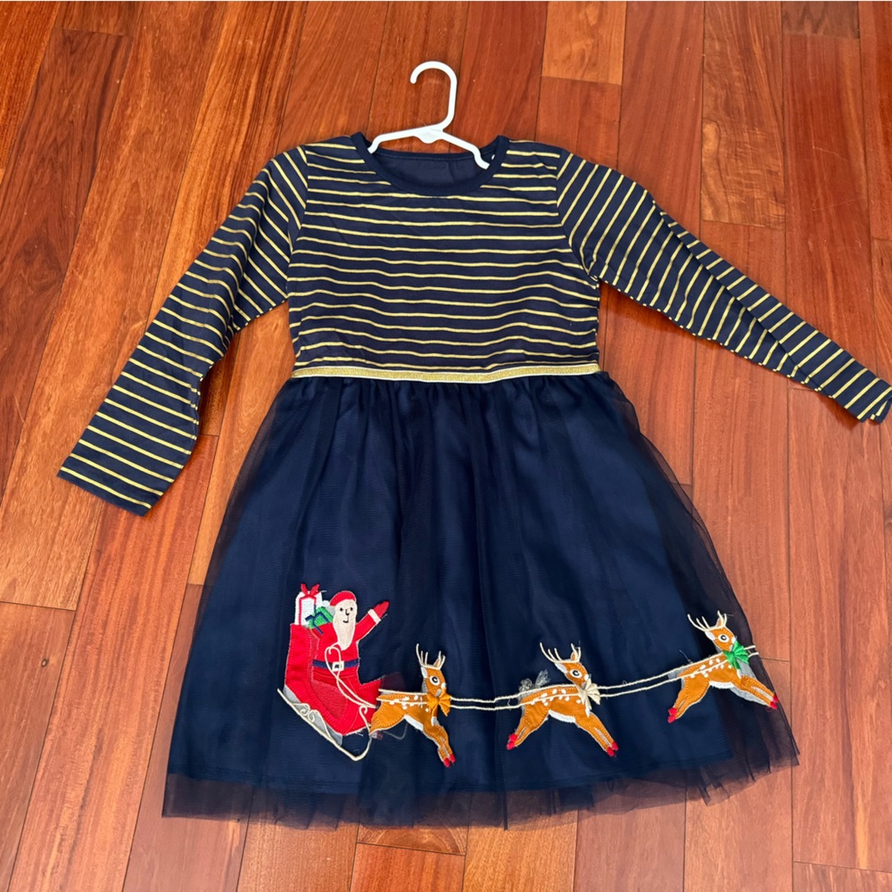 Striped Girl’s Navy Dress with Reindeer and Santa Design